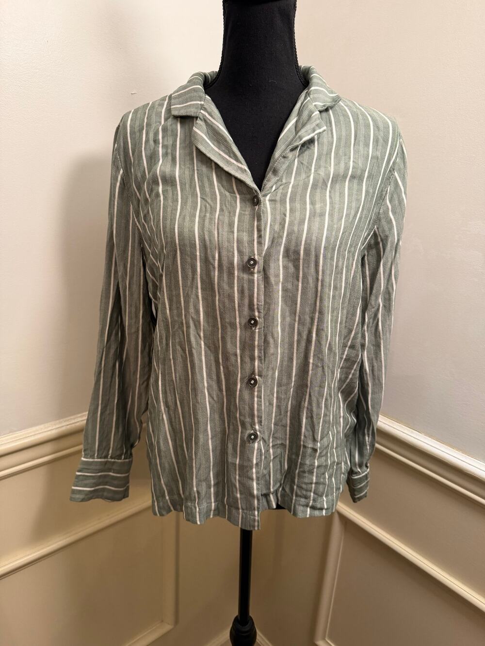 Cozy Earth Soft Woven Long Sleeve Pajama Top Striped Jasper Button Front Tencel